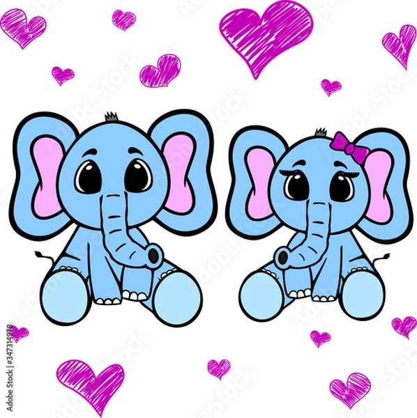 Fototapeta Enamored elephants. Vector template for design T-shirts. Fashion graphic for apparel. Character image elephant for children's magazines and preschool institutions. 