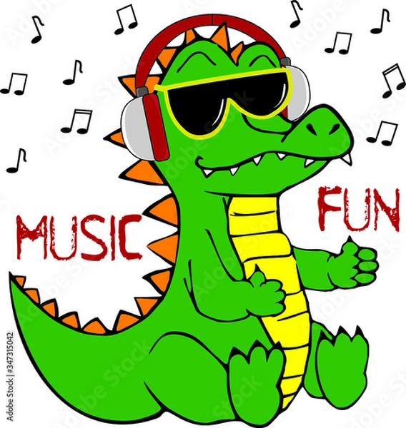 Fototapeta Vector template for design T-shirts. Character image alligator for children's magazines and preschool institutions. Crocodile in sunglasses listening to music in headphones on black background