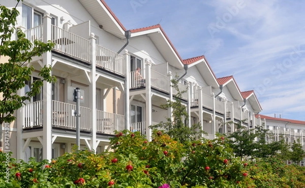 Obraz Weiße Häuser hinter Rosenhecke