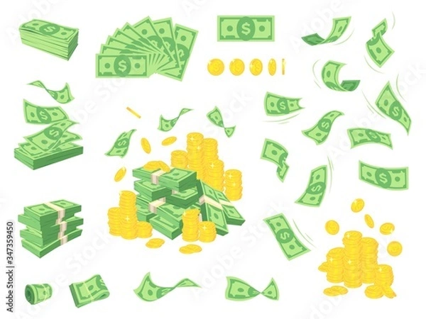 Obraz Set a various kind of money. Packing in bundles of bank notes, bills fly, gold coins. Vector cartoon money illustration.