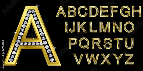 Obraz Golden alphabet set, letters with diamonds