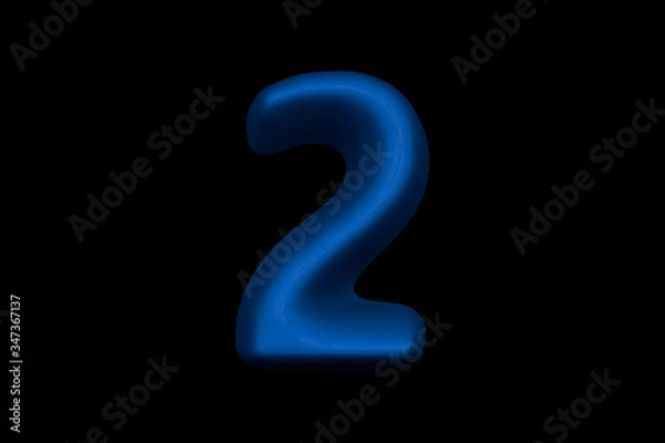 Fototapeta Shiny blue plastic alphabet - number 2 isolated on black background, 3D illustration of symbols