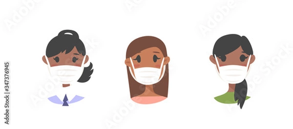 Obraz Set of male and female characters. Cartoon style masked people icons. Isolated guys avatars. Flat illustration protected men and women faces. Hand drawn vector drawing safe girls and boys portraits