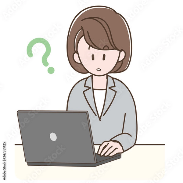 Fototapeta パソコンの前で考えるスーツの女性