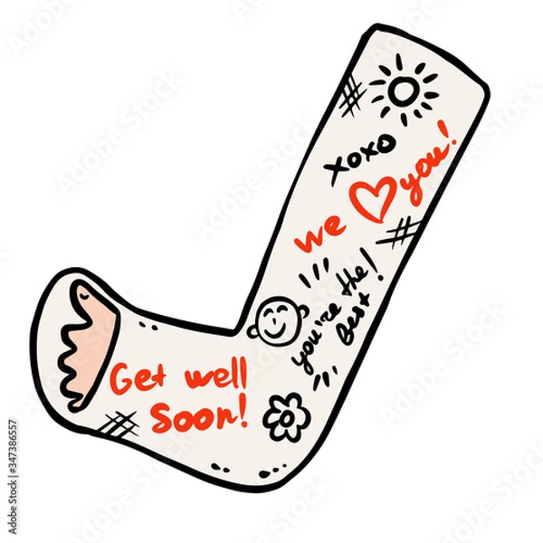 Obraz Broken leg cast doodle with positive writings from friends. Injured limb in gypsum plaster. Good get well soon wishes. Media glyph graphic symbol