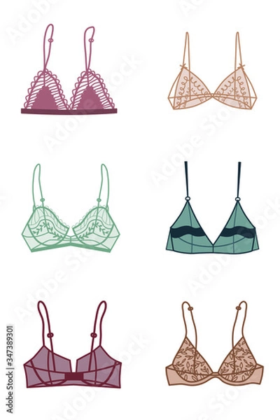 Obraz Set with different types of underwear. Bra. Balcony, bralette, classic, triangle. Lingerie. Simple vector illustration.