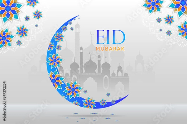 Fototapeta Eid Mubarak Background Greeting and Wishes with Beautiful Floral Moon and Masjid.