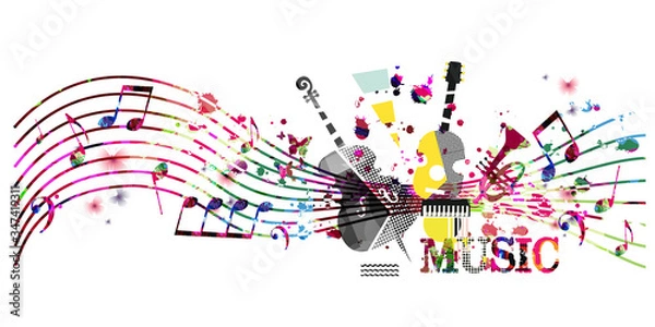 Fototapeta Colorful music promotional poster with music instruments and notes isolated vector illustration. Artistic abstract background for music show, live concert events, party flyer design template