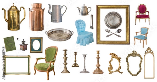 Obraz Set of beautiful antique items, picture frames, furniture, silverware. Retro. Vintage. Isolated on white background