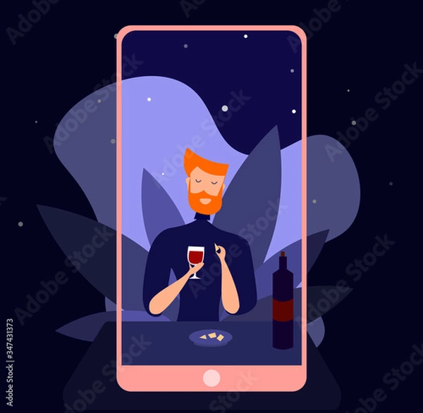 Fototapeta Online date, virtual love, long distance relationship. Dating app. Cartoon couple talking during quarantine. Connection with isolated partner Vector illustration