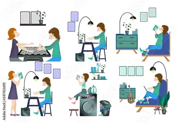 Fototapeta 
Illustration, six scenes of life, girl character, homework help, reading a book, working at home, helping mom, doing computer at home, playing together, white background, blue and green color