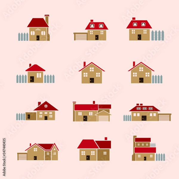 Fototapeta clip art, house vector icon set color, isolated, urban and rural houses with chimneys and red roof