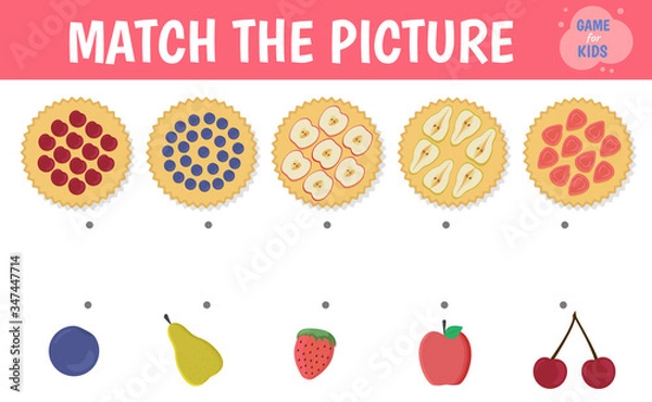Fototapeta Fruit and berry pie. Connect the pie and the filling. Children's game. Vector.