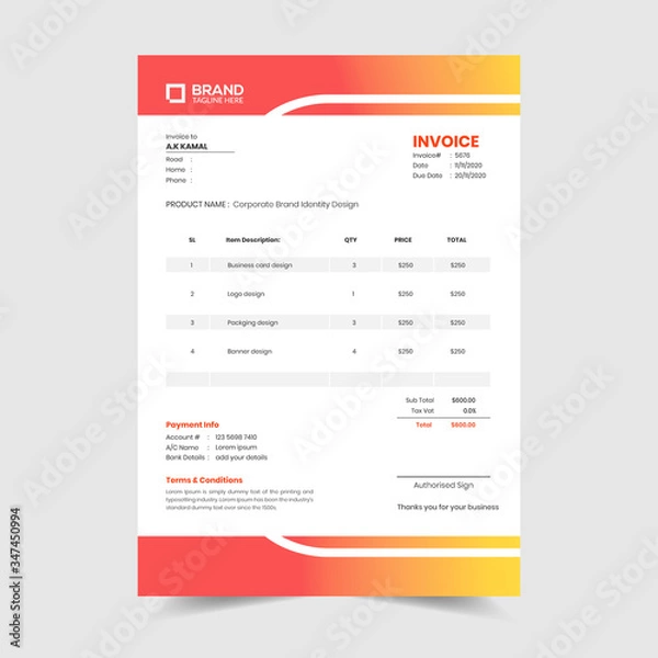 Fototapeta Business invoice design template. minimal invoice, money bills or price invoices and payment receipt design templates.