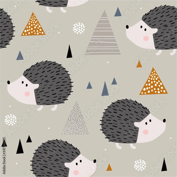 Obraz Hedgehogs, hand drawn backdrop. Colorful seamless pattern with animals. Decorative cute wallpaper, good for printing. Overlapping colored background vector. Design illustration