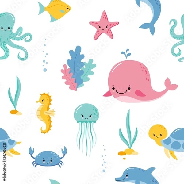 Obraz Cute sea and ocean cartoon animals and fishes. Seamless pattern background with underwater funny kawaii characters.