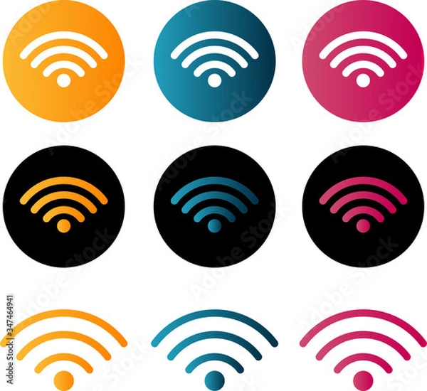 Fototapeta Gradient colorful wireless and wifi icons set. Free wifi. Round button wifi for remote internet access. Vector illustration isolated on white background eps10