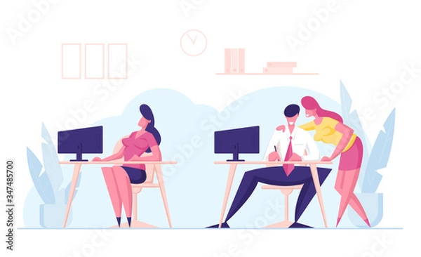 Obraz Office People Gossip and Discussing Female Colleague Sitting nearby on Desk with Computer. Man and Woman Business Characters Viciously Smiling and Giggle, Human Envy. Cartoon Vector Illustration