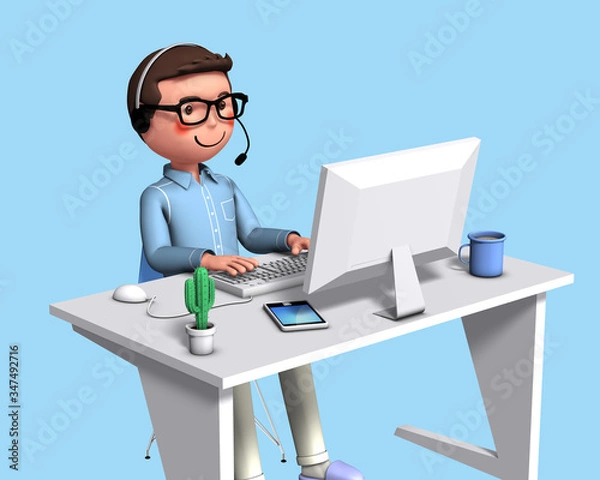 Fototapeta Illustration of a man having a remote meeting, created in 3d rendering_4
