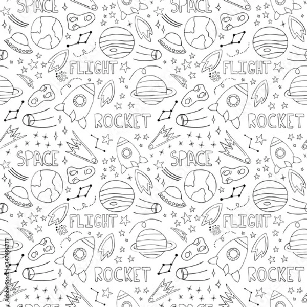 Obraz Space planets asteroids rocket ufo meteorite star night sky. Vector seamless pattern. Space travelling flight. Illustration in doodle style. For printing on paper fabric social media post web banner
