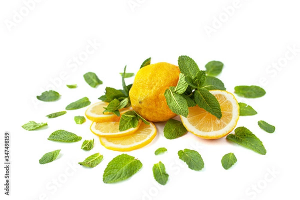 Obraz Lemons with mint leaves, isolated on white background