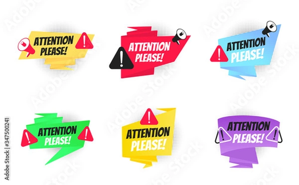 Fototapeta Attention please big banner ribbon speech bubble set with text badge label flat style design vector illustration collection isolated on white background. Pay attention, please.