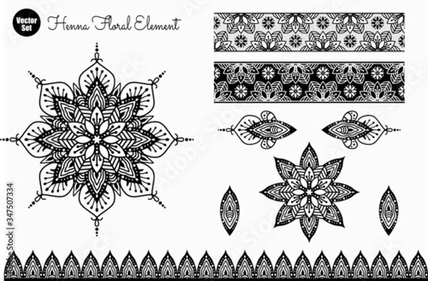 Obraz Vector set of henna floral elements. Ethnic Mandala ornament. Vector Henna tattoo style. Can be used for textile, greeting card, coloring book, phone case print.
