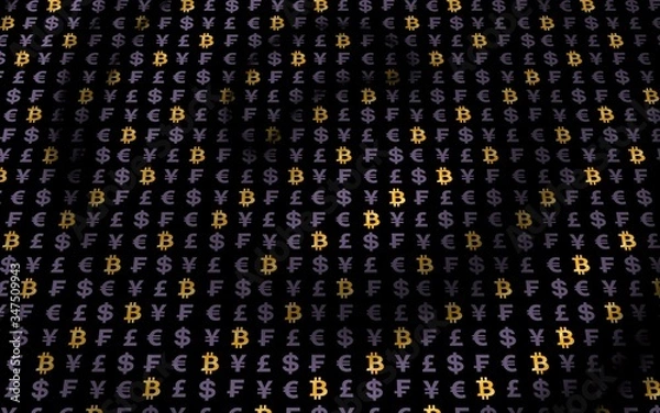 Fototapeta Bitcoin and currency on a dark background. Digital crypto currency symbol. Wave effect, currency market fluctuations. Business concept. 3D illustration