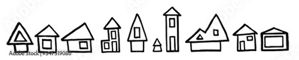 Obraz Set of abstract hand drawn houses in minimalism style. Symbol of relax, separate safe life. Elements for graphic design, logo, and illustrations.Stock vector illustration. Isolated on white background
