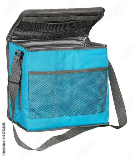 Fototapeta Blue foldable cool box for keeping freshments cold on a picknick with clipping path