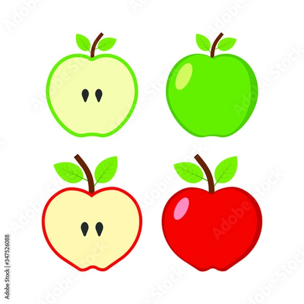 Fototapeta Red and green apple isolated on white background. Vector illustration.