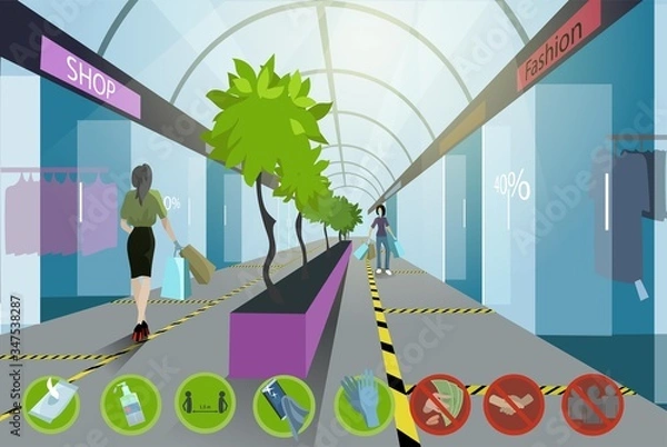 Fototapeta Vector illustration of shopping center after quarantine