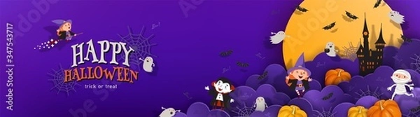 Fototapeta Happy Halloween banner trick or treat with night clouds, witch, vampire, ghost, bats, castle in paper cut style. Party invitation vector horizontal background