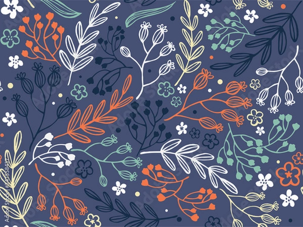 Fototapeta Hand painting vector floral seamless pattern in flat style. Floral fabric design.