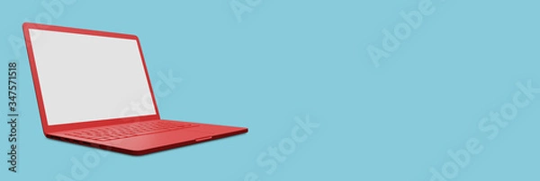 Obraz Red laptop computer with blank white screen isolate on blue background. screen mockup template.