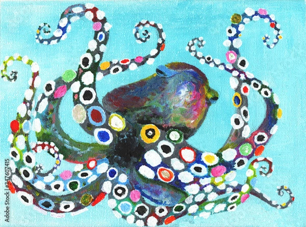 Fototapeta Colorful octopus hand drawn illustration painting acrylic and watercolor on paper. Volumetric abstract octopus, made with paints massive strokes. Contrast and bright