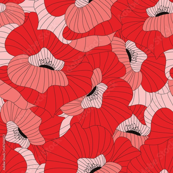 Obraz Seamless pattern of Red poppies isolated on white background. Summer flowers in flat style. Vector stock pattern. Design for textile, wallpapers, prints, web design, envelope, print design ets.