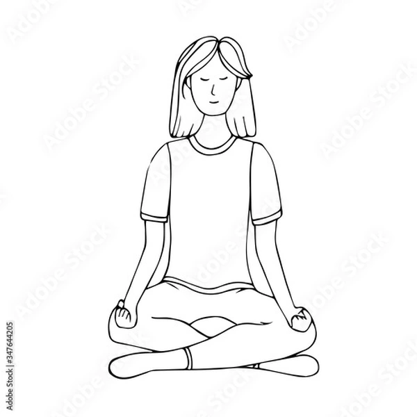 Obraz A young girl is engaged in Hatha yoga. Lotus position. Relaxation.Gymnastics, healthy lifestyle. Doodle style. Black and white vector illustration. Hand drawn, isolated on a white background