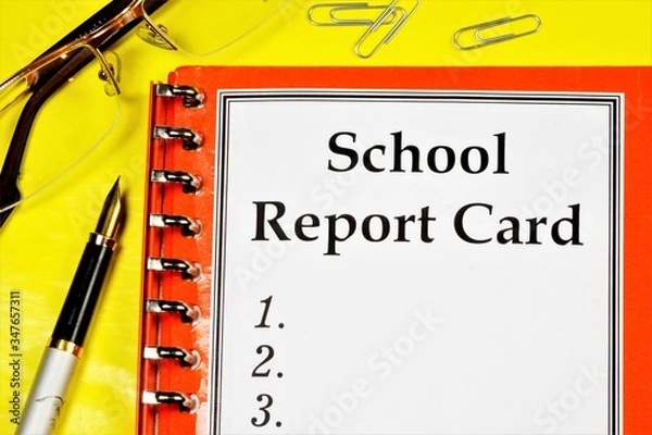 Fototapeta School report card for information. the subjects studied are listed and final grades are given for the periods of study at the educational institution.