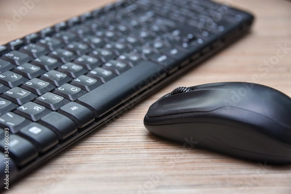 Fototapeta Computer black keyboard and mouse on the table