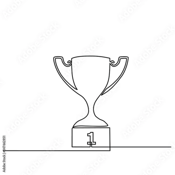 Fototapeta A continuous line drawing of first prize award cup. Winner prize, champions realistic vector celebration winning concept isolated on white background.