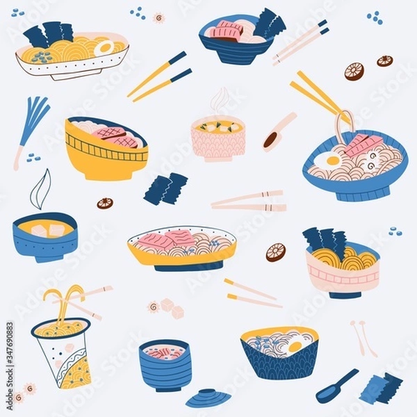 Fototapeta Hand drawn ramen noodle in bowl and soup. vector pattern.