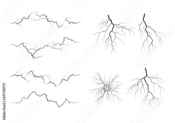 Fototapeta Set of lightning silhouettes. Thunderstorm isolated on white. Vector illustration