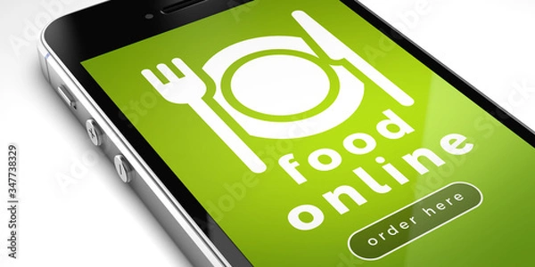 Fototapeta 3D illustration: close up of a cellphone with an App to order food online