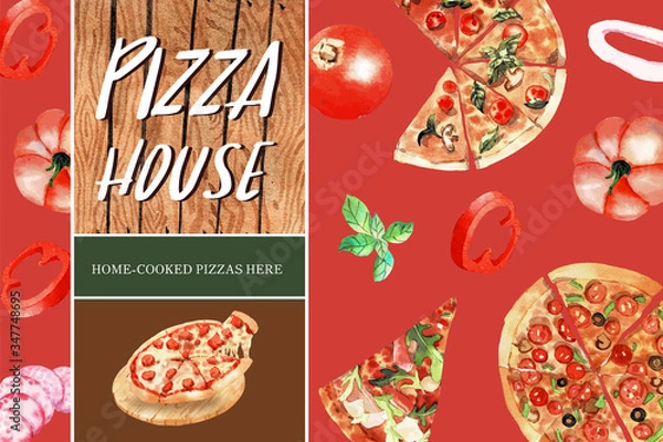 Fototapeta Pizza frame design with various pizza watercolor illustration.