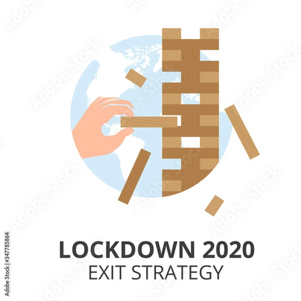 Fototapeta Vector flat illustration of lockdown exit strategy concept. Hand playing jenga board game. Quarantine, lifting lockdown plan. Vector flat style illustration. Coronavirus, Covid, economy