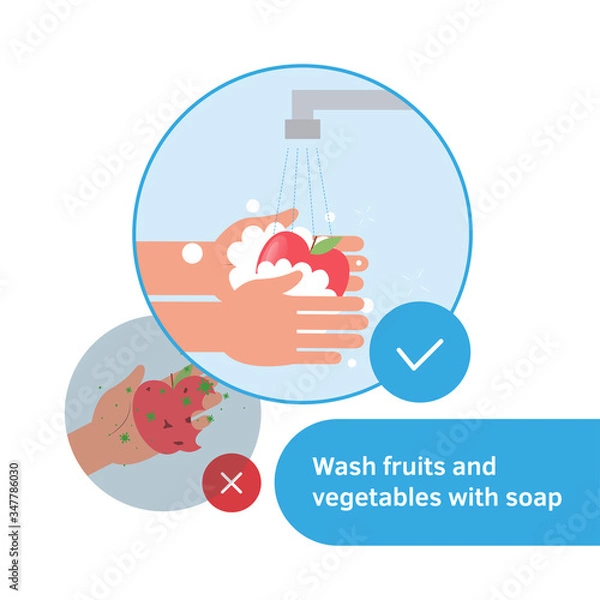 Fototapeta Wash fruits and vegetables. Hands holding apple under water tap. Arm in foam soap bubbles washing food. Vector illustration flat design. Disinfection. Antibacterial washing. Infographic