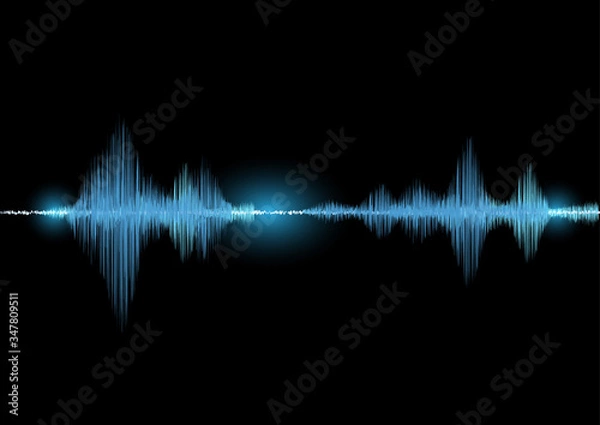 Fototapeta Sound waves oscillating glow light in blue tone on black background, Technology digital splash or explosion concept, Neon sound waves in music production.