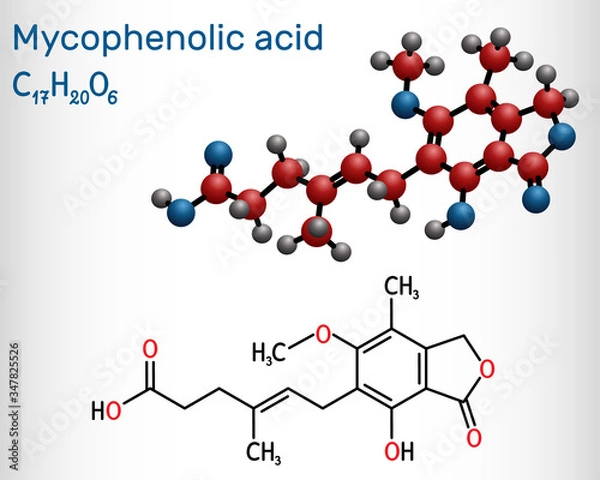 Fototapeta Mycophenolic acid, MPA, mycophenolate, C17H20O6 molecule. It is an immunosuppresant drug and potent anti-proliferative. Structural chemical formula and molecule model