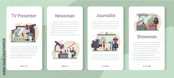 Fototapeta TV presenter mobile application banner set. Television host in studio.